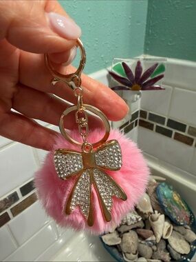 Gold Bow Pink Pom-Pom Keychain